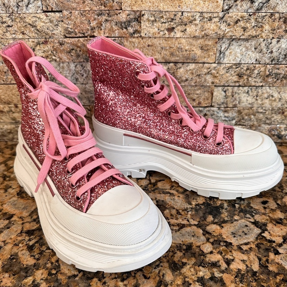 Alexander McQueen TREAD SLICK GLITTER HIGH TOP SNEAKERS BOOTS